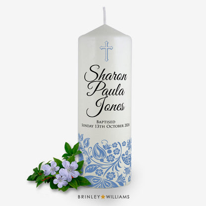 Floral Band Personalised Baptism Candle - Sky Blue