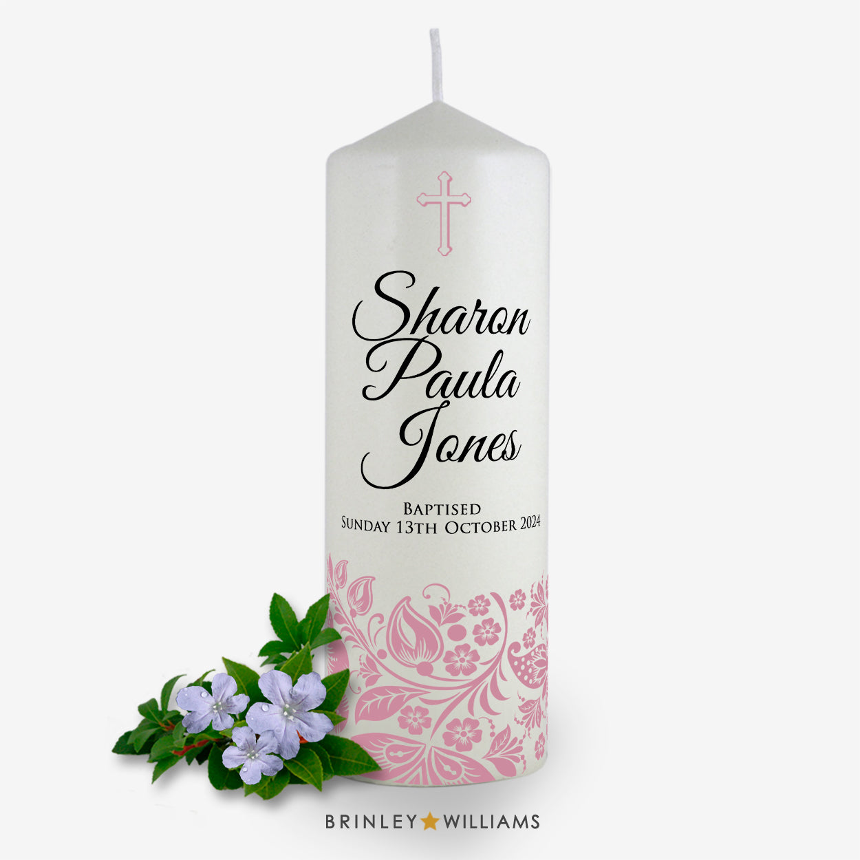 Floral Band Personalised Baptism Candle - Soft Pink