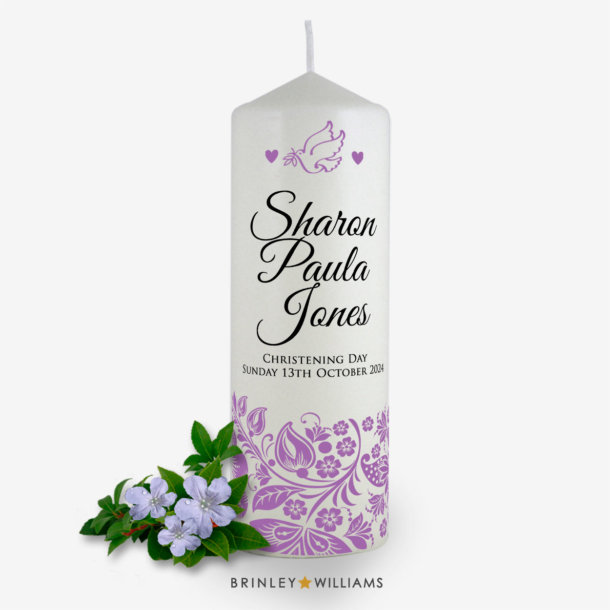 Floral Band Personalised Christening Candle - Lavender