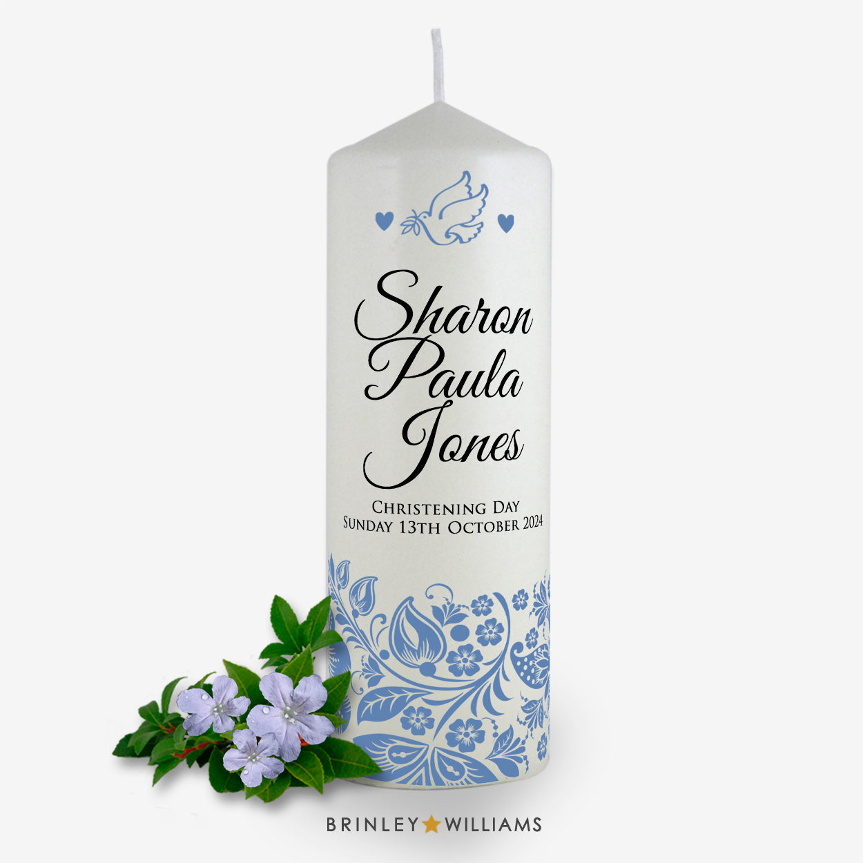 Floral Band Personalised Christening Candle - Sky Blue