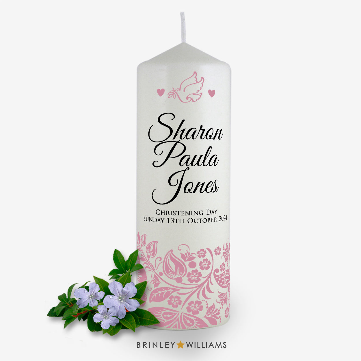 Floral Band Personalised Christening Candle - Soft Pink