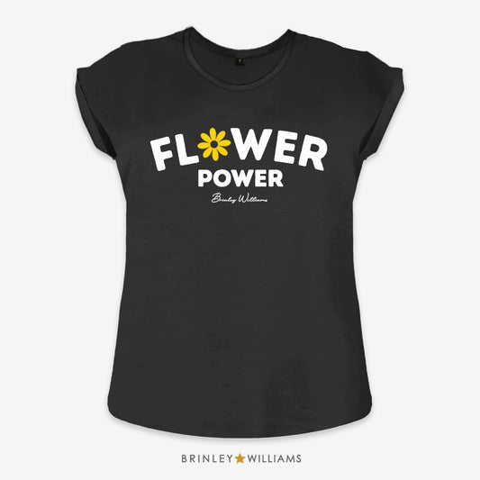 Flower Power Rolled Sleeve T-shirt  - Black