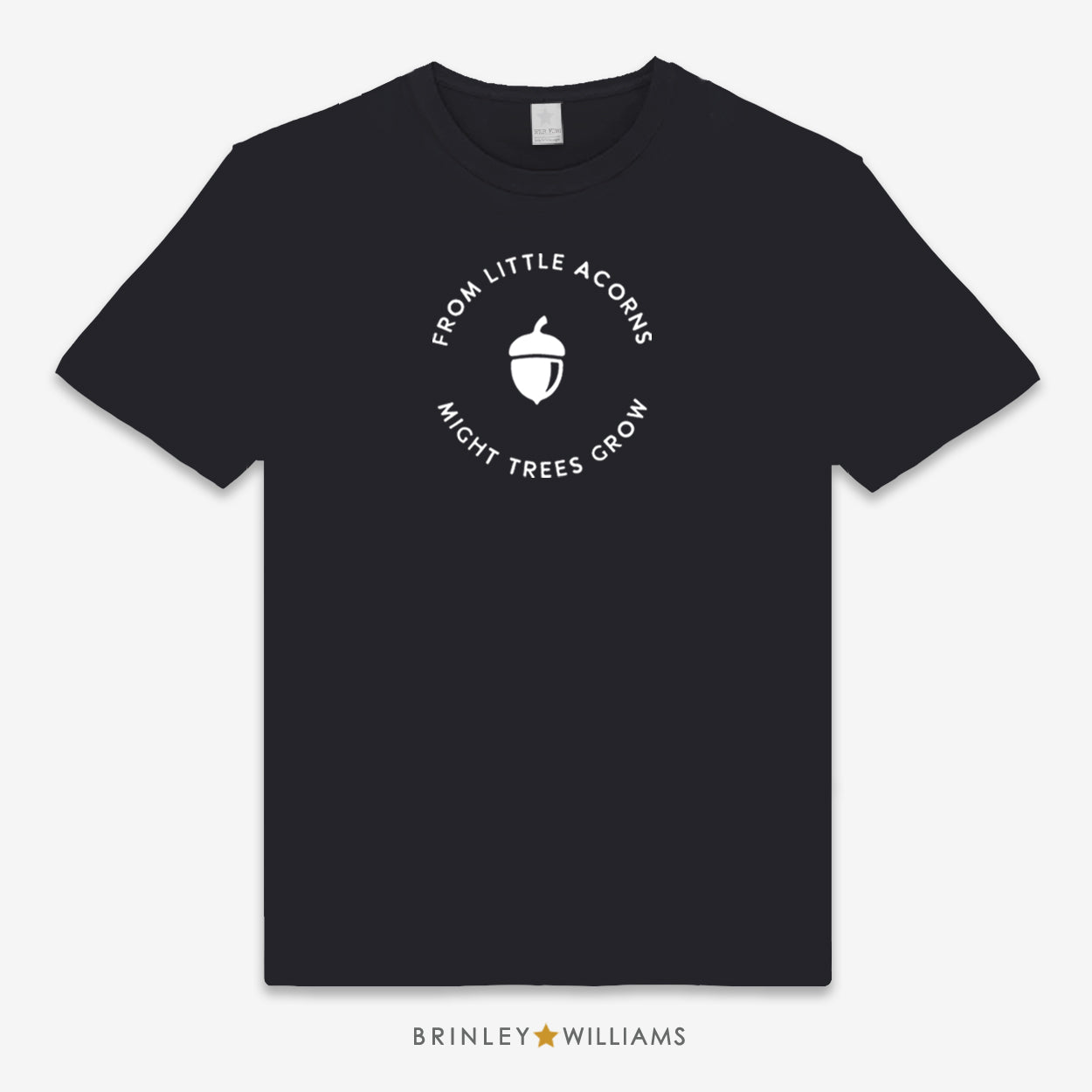 Black Unisex t-shirt with white Acorn graphic and text 