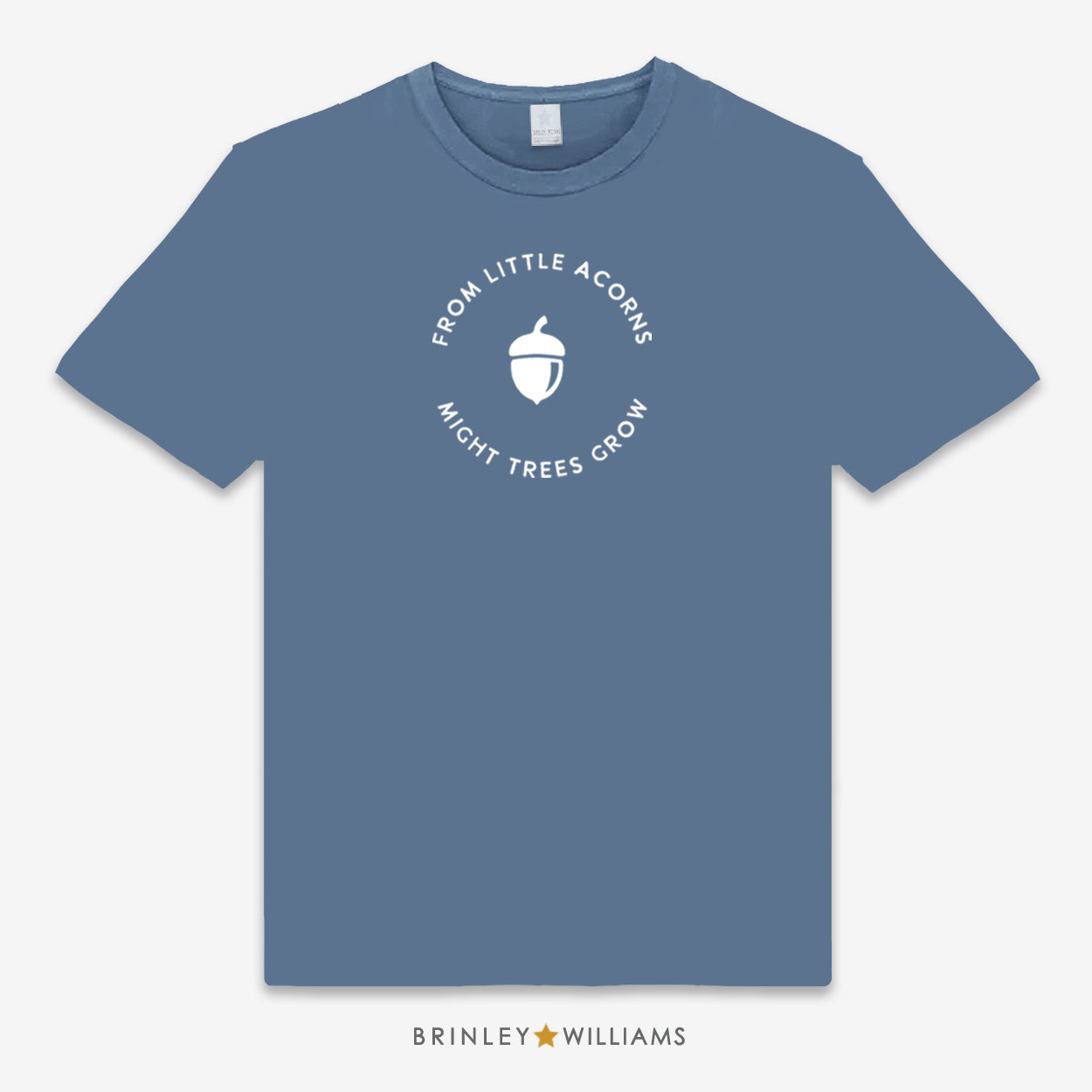 Indigo Blue Unisex t-shirt with white Acorn graphic and text 