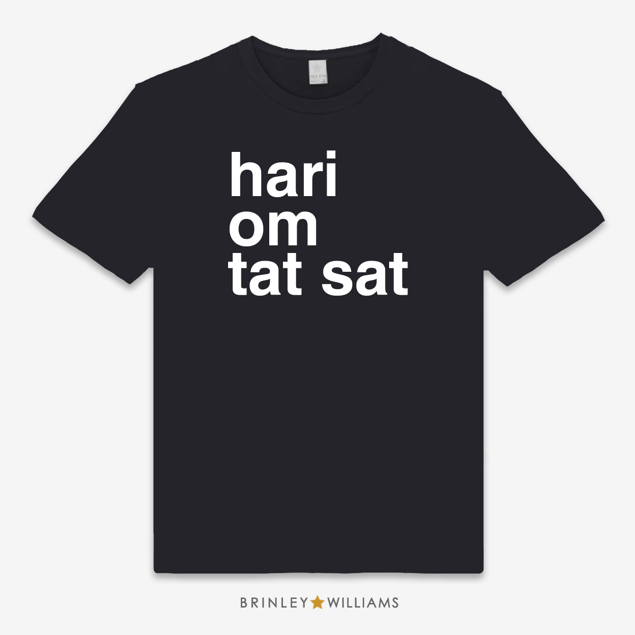 Black unisex t-shirt with white text 'hari om tat sat' printed on front