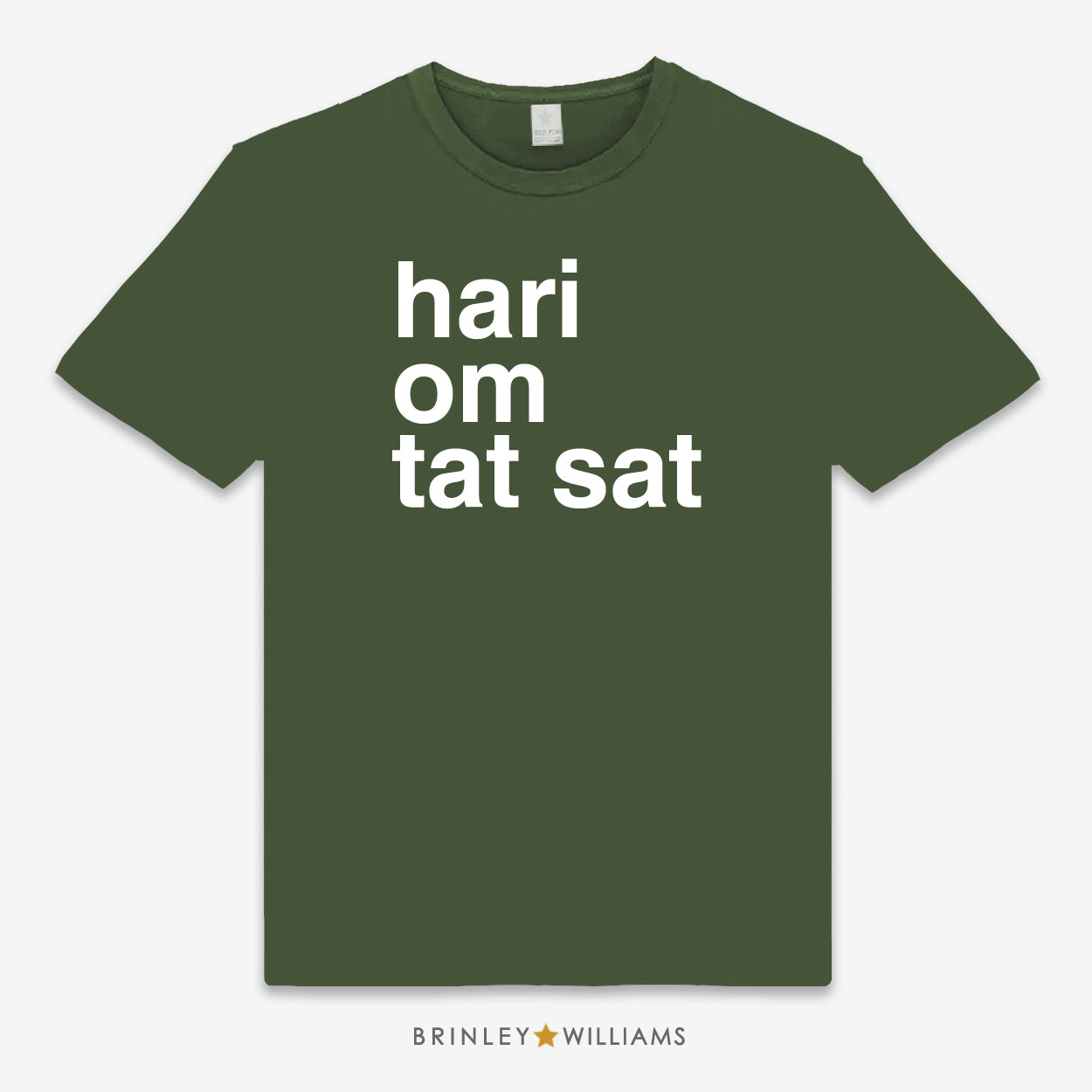 Green unisex t-shirt with white text 'hari om tat sat' printed on front