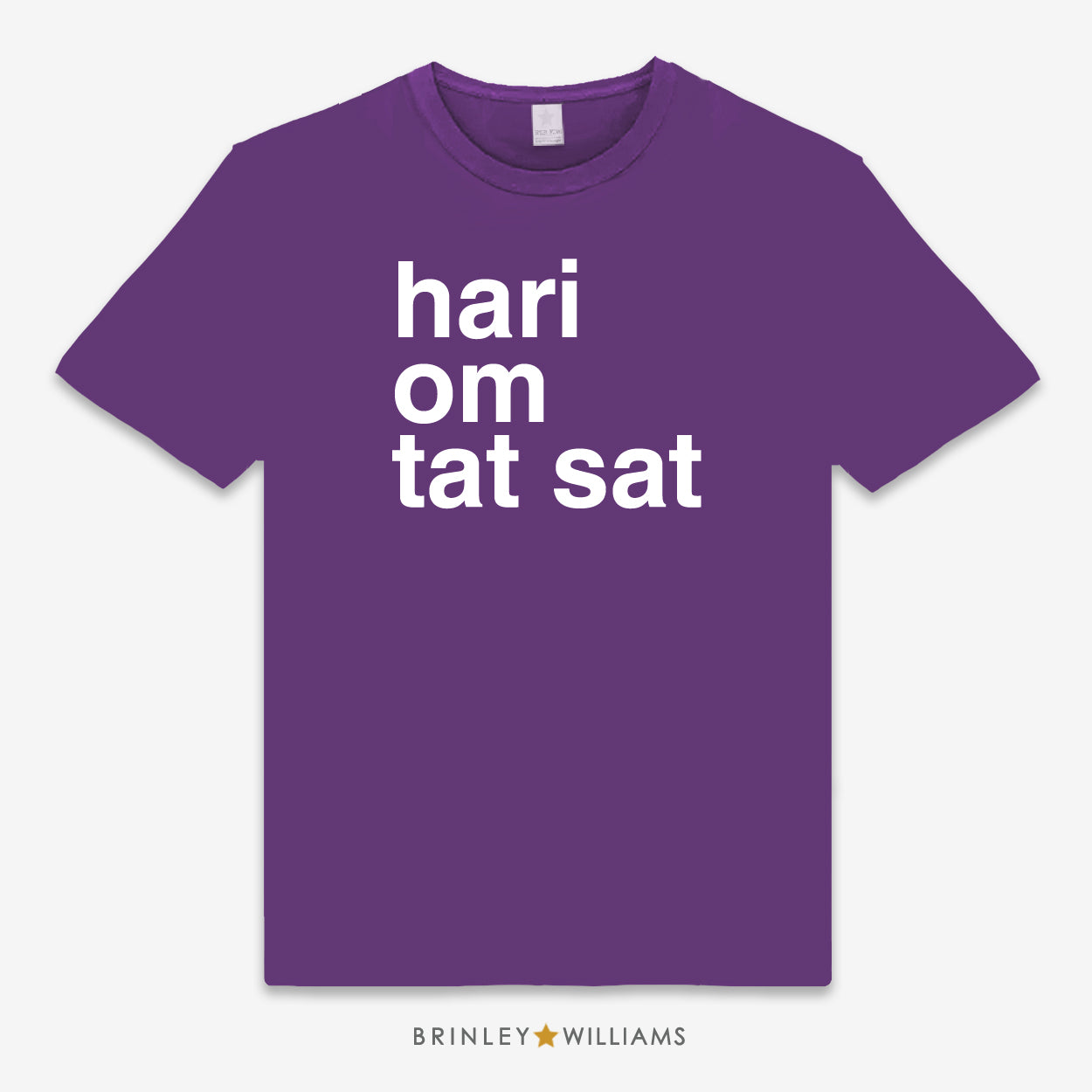 Purple unisex t-shirt with white text 'hari om tat sat' printed on front