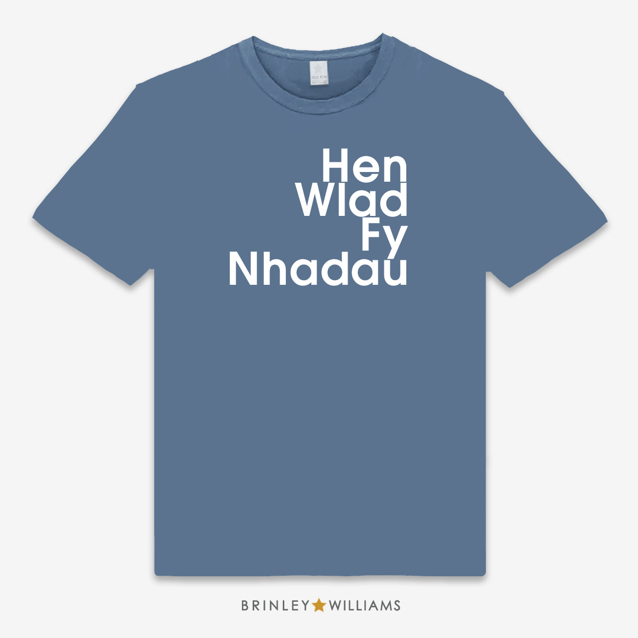 Blue unisex t-shirt printed with white text 'Hen Wlad Fy Nhadau' design