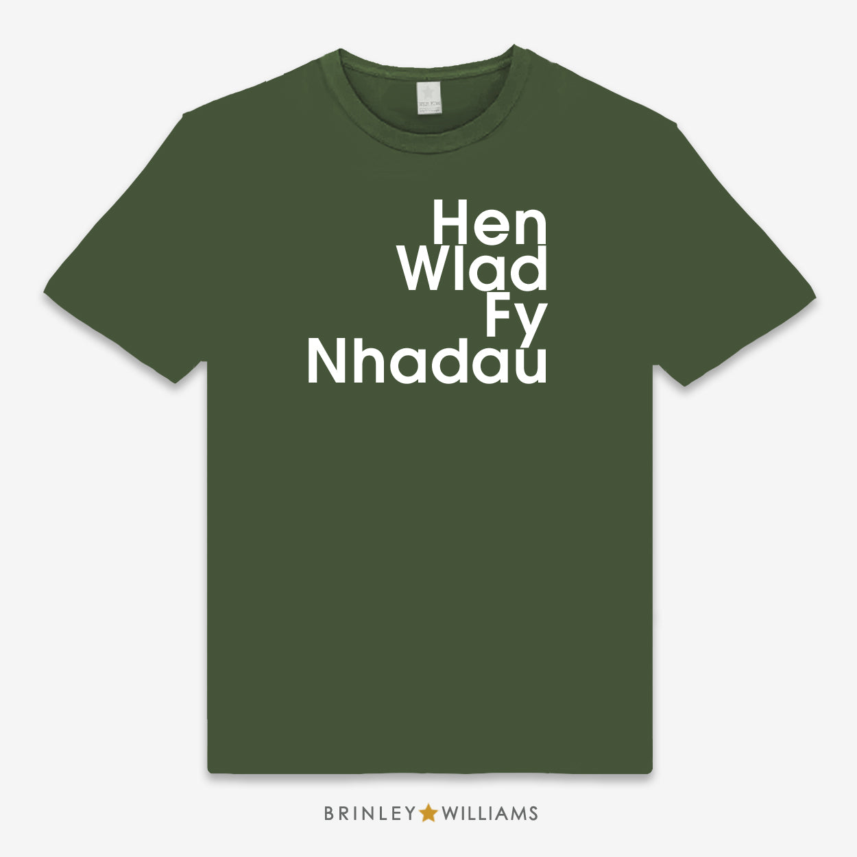 Green unisex t-shirt printed with white text 'Hen Wlad Fy Nhadau' design