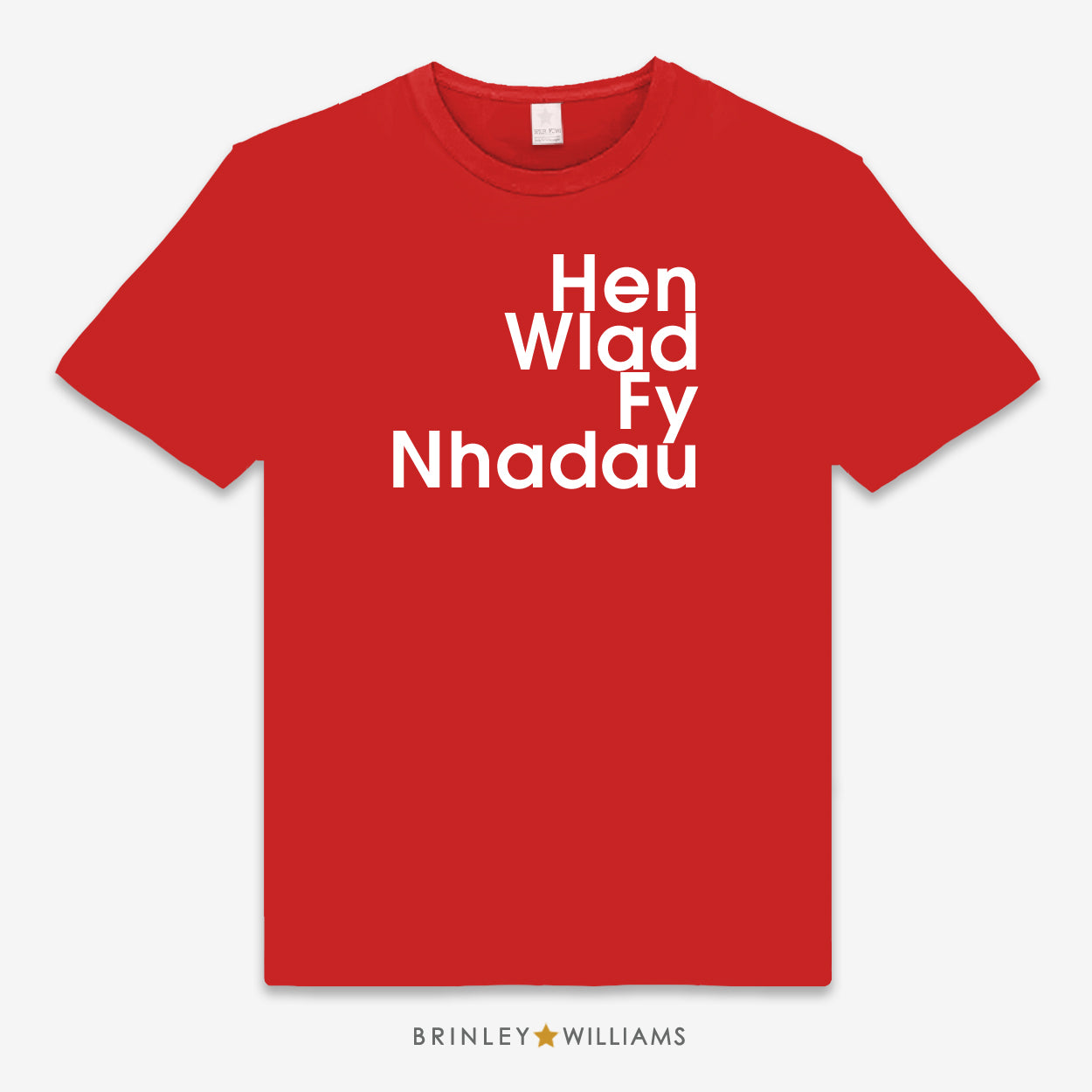 Red unisex t-shirt printed with white text 'Hen Wlad Fy Nhadau' design