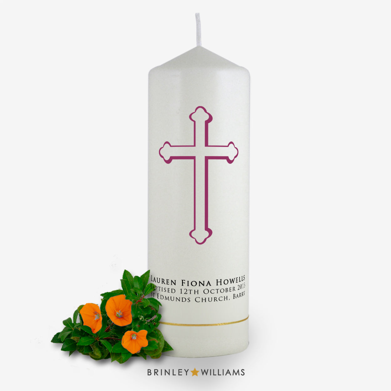 Holy Cross Personalised Baptism Candle - Burgundy