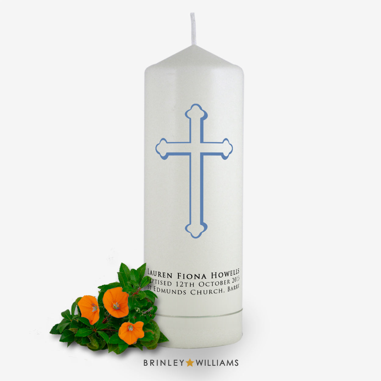 Holy Cross Personalised Baptism Candle - Sky Blue