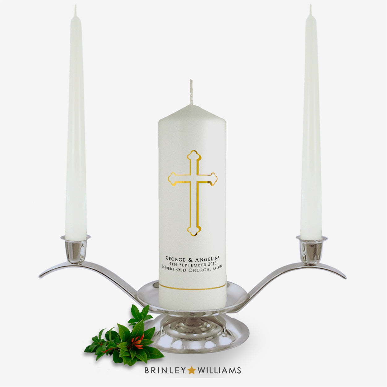 Holy Cross Personalised Unity Candle set - Gold Foil