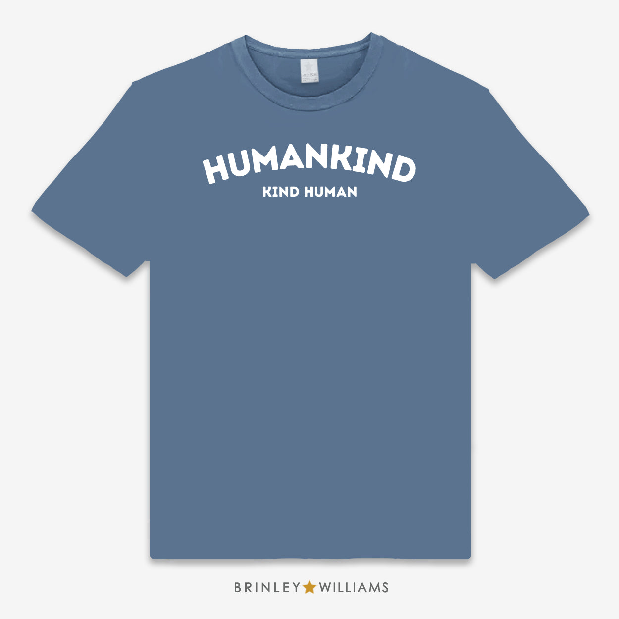 Blue unisex t-shirt with 'HUMANKIND KIND HUMAN' printed text design