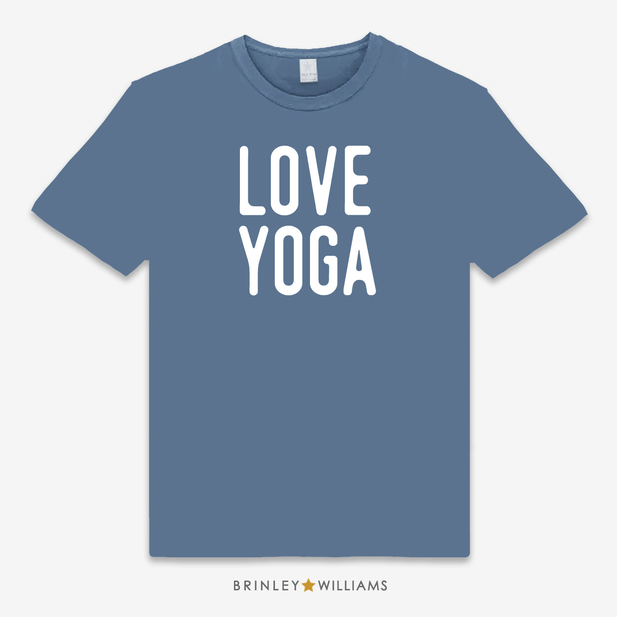 Blue unisex t-shirt with 'LOVE YOGA' text design in white