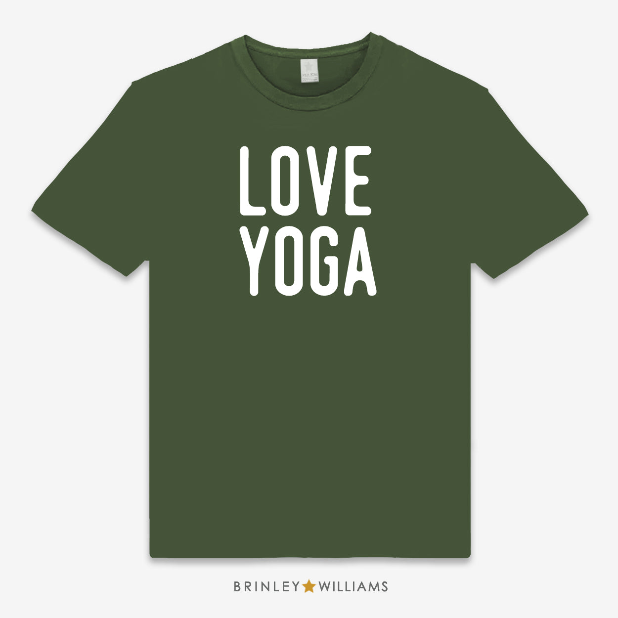 Green unisex t-shirt with 'LOVE YOGA' text design in white