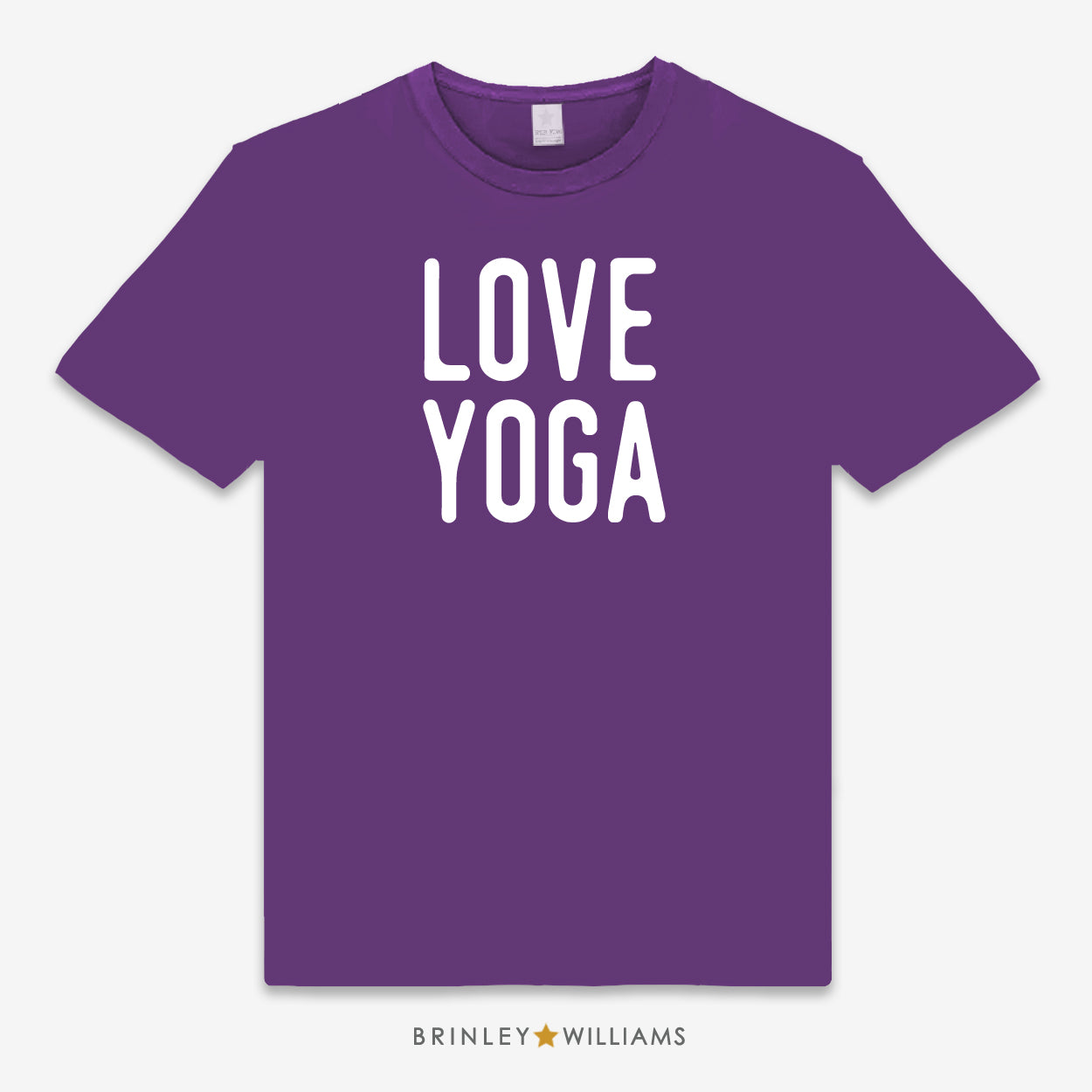 Purple unisex t-shirt with 'LOVE YOGA' text design in white
