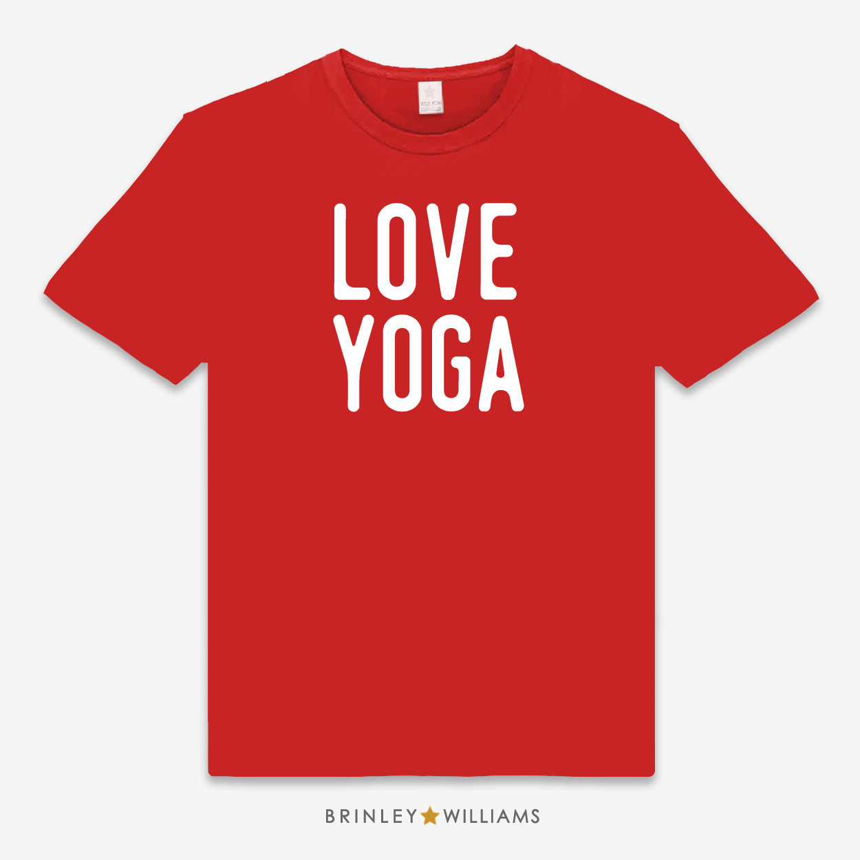 Red unisex t-shirt with 'LOVE YOGA' text design in white