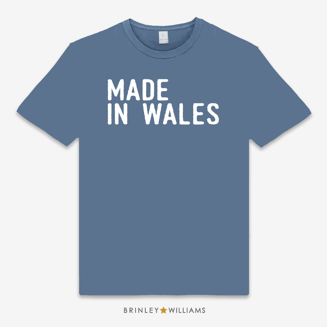 Blue unisex t-shirt printed with 'MADE IN WALES' white text design