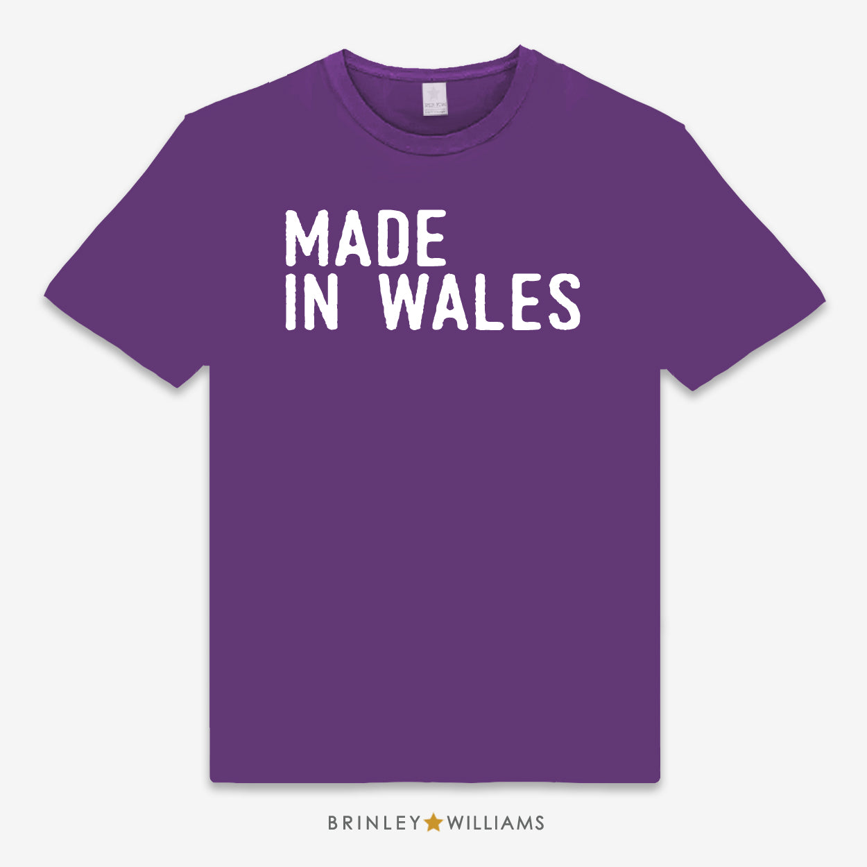 Purple unisex t-shirt printed with 'MADE IN WALES' white text design