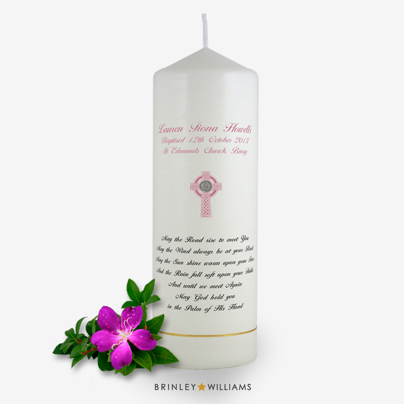 May the road Personalised Baptism Candle - Soft Pink