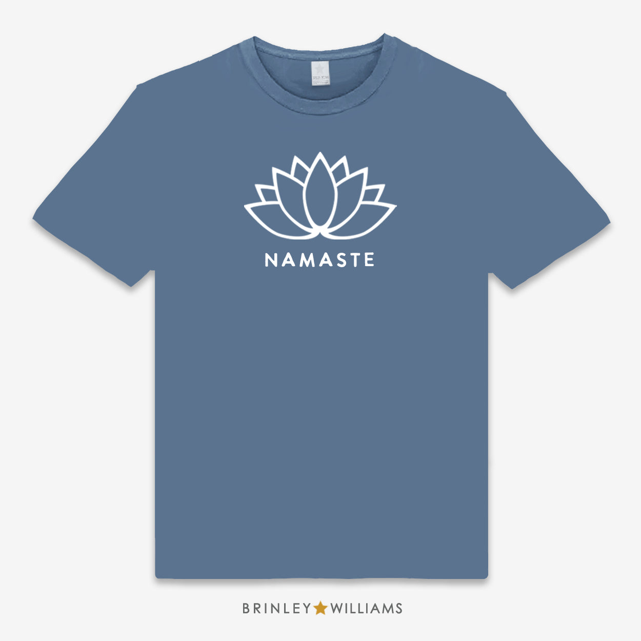 Blue unisex t-shirt printed with a with white lotus flower and 'Namaste' text design