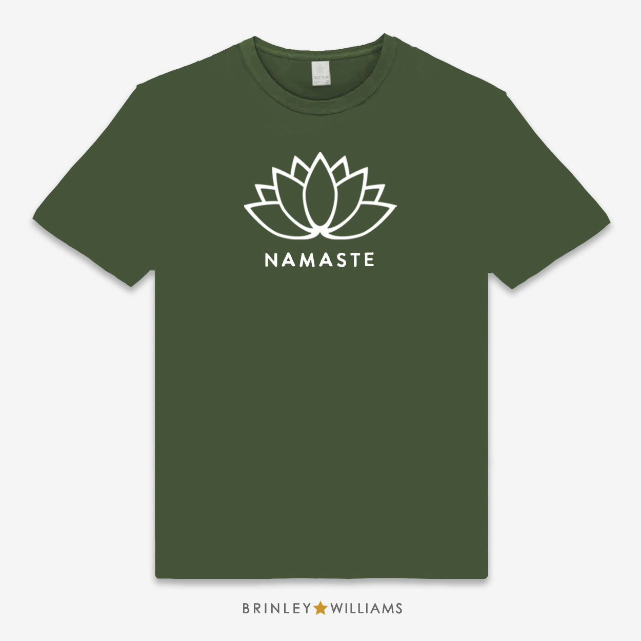 Green unisex t-shirt printed with a with white lotus flower and 'Namaste' text design
