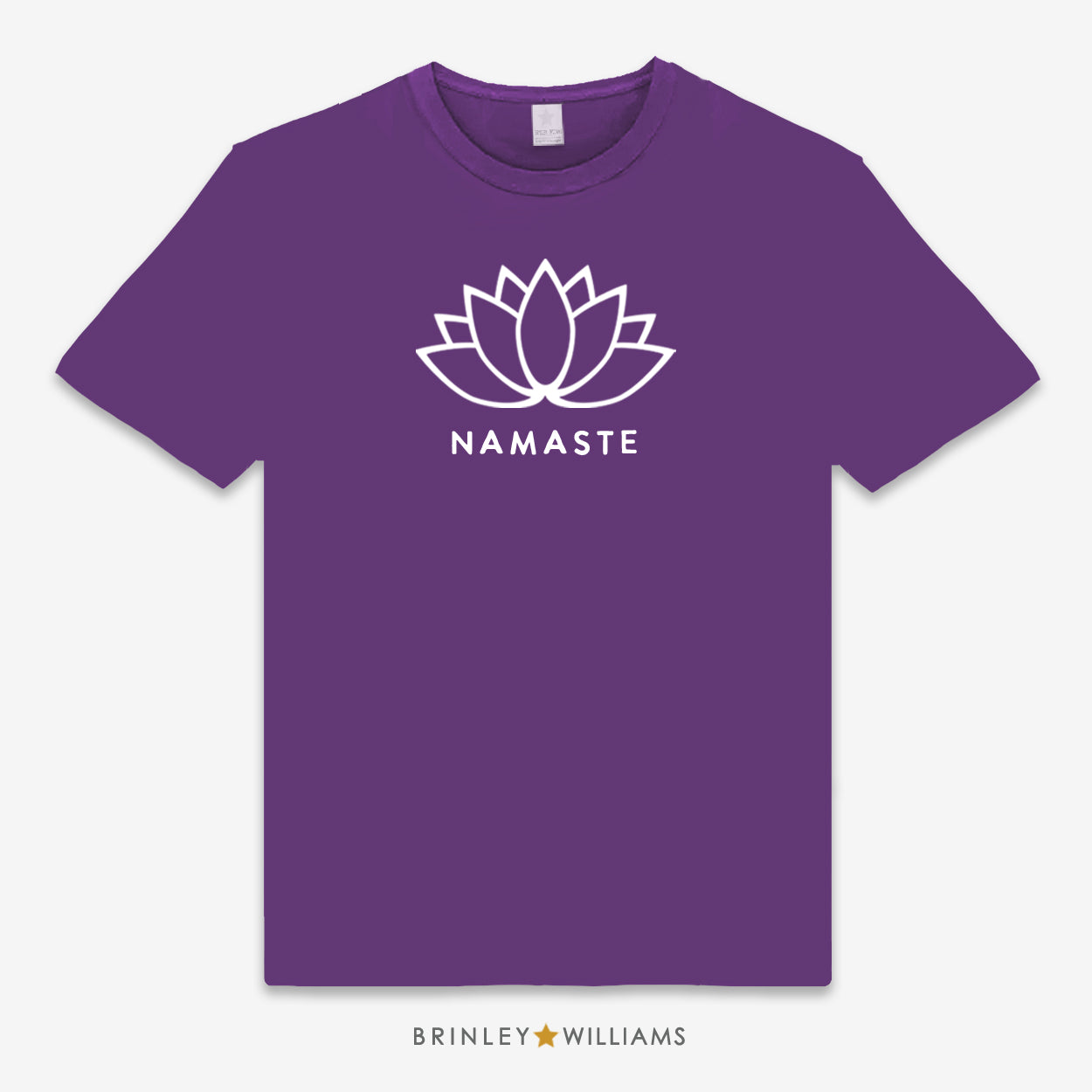Purple unisex t-shirt printed with a with white lotus flower and 'Namaste' text design