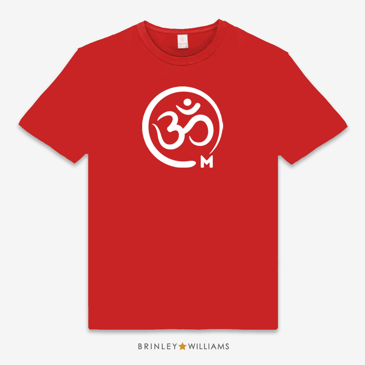Red unisex t-shirt printed with a white Om symbol design
