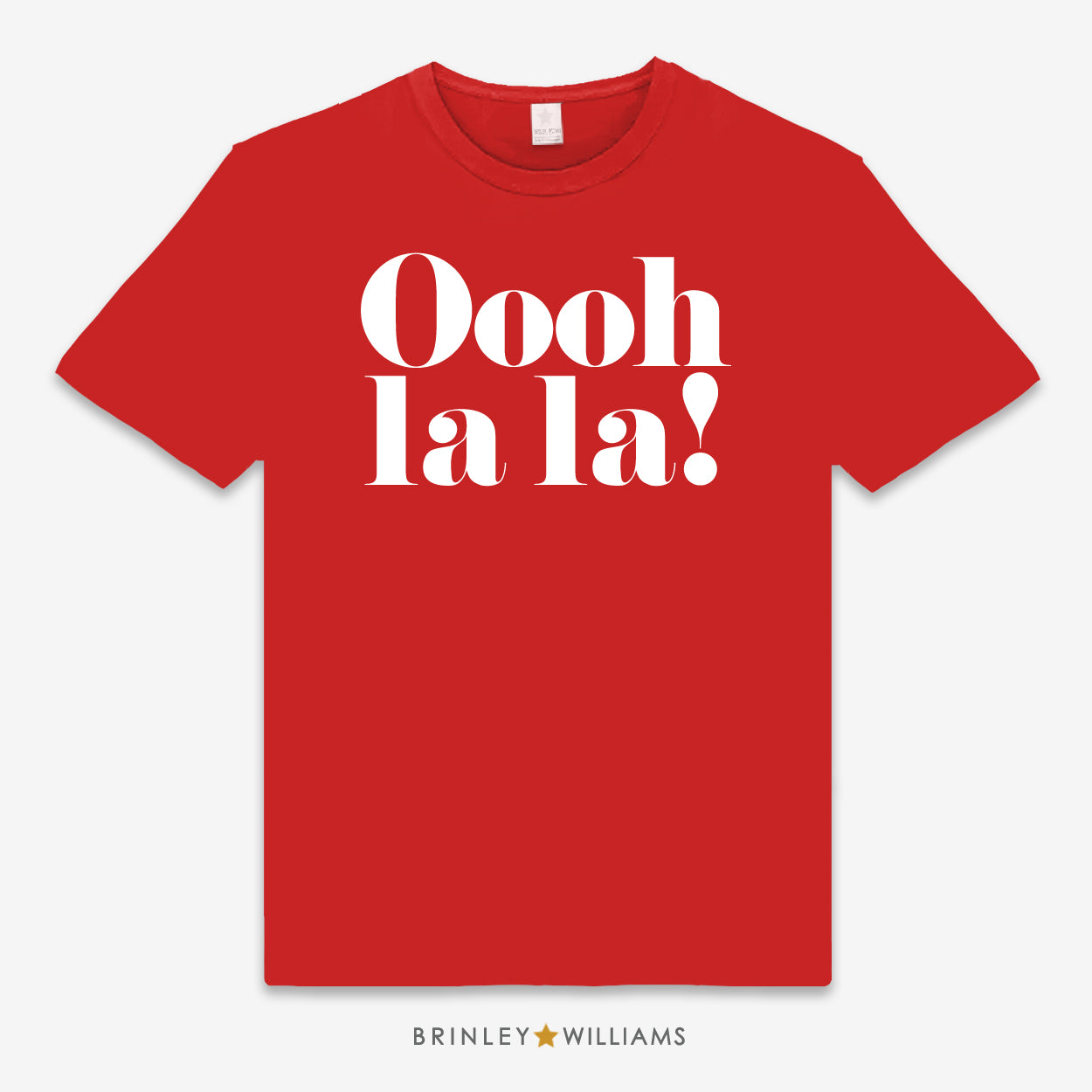 Red unisex t-shirt printed with 'Oooh la la!' text design 