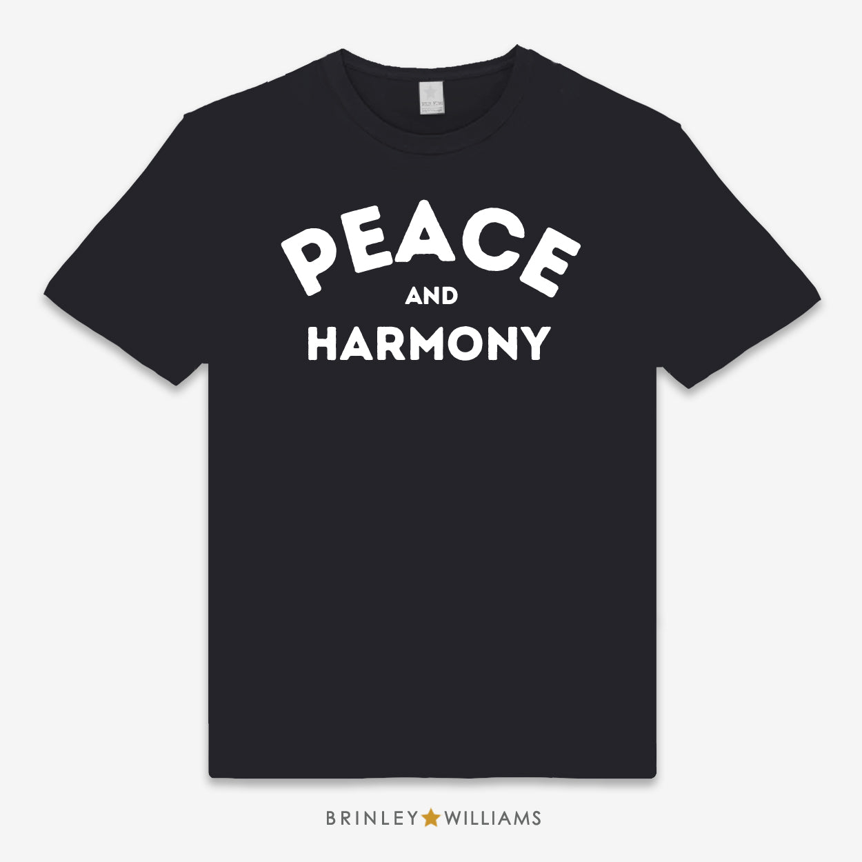 Black unisex  t-shirt printed with 'PEACE AND HARMONY' text design in white