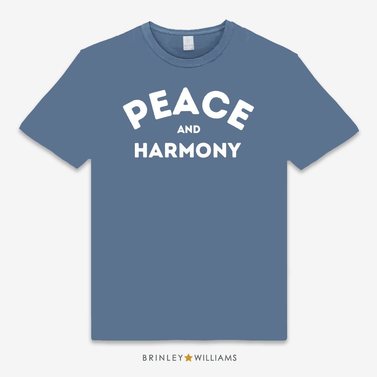 Blue unisex  t-shirt printed with 'PEACE AND HARMONY' text design in white