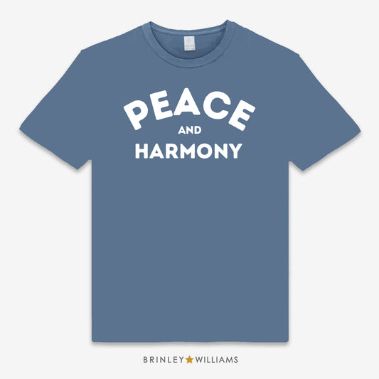 Blue unisex  t-shirt printed with 'PEACE AND HARMONY' text design in white