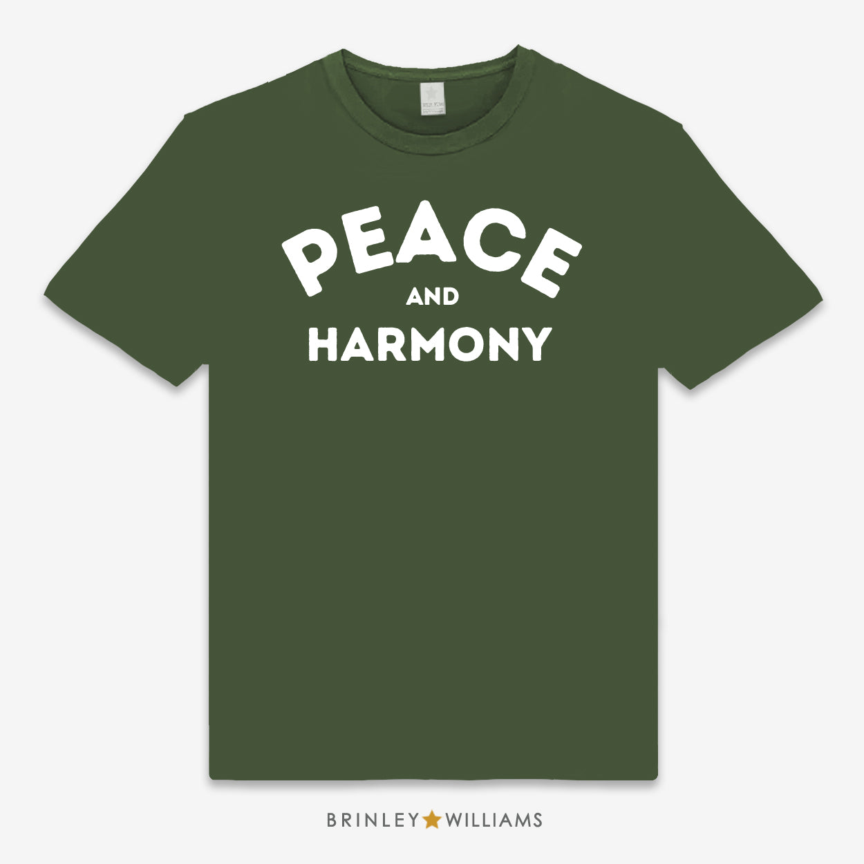 Green unisex  t-shirt printed with 'PEACE AND HARMONY' text design in white