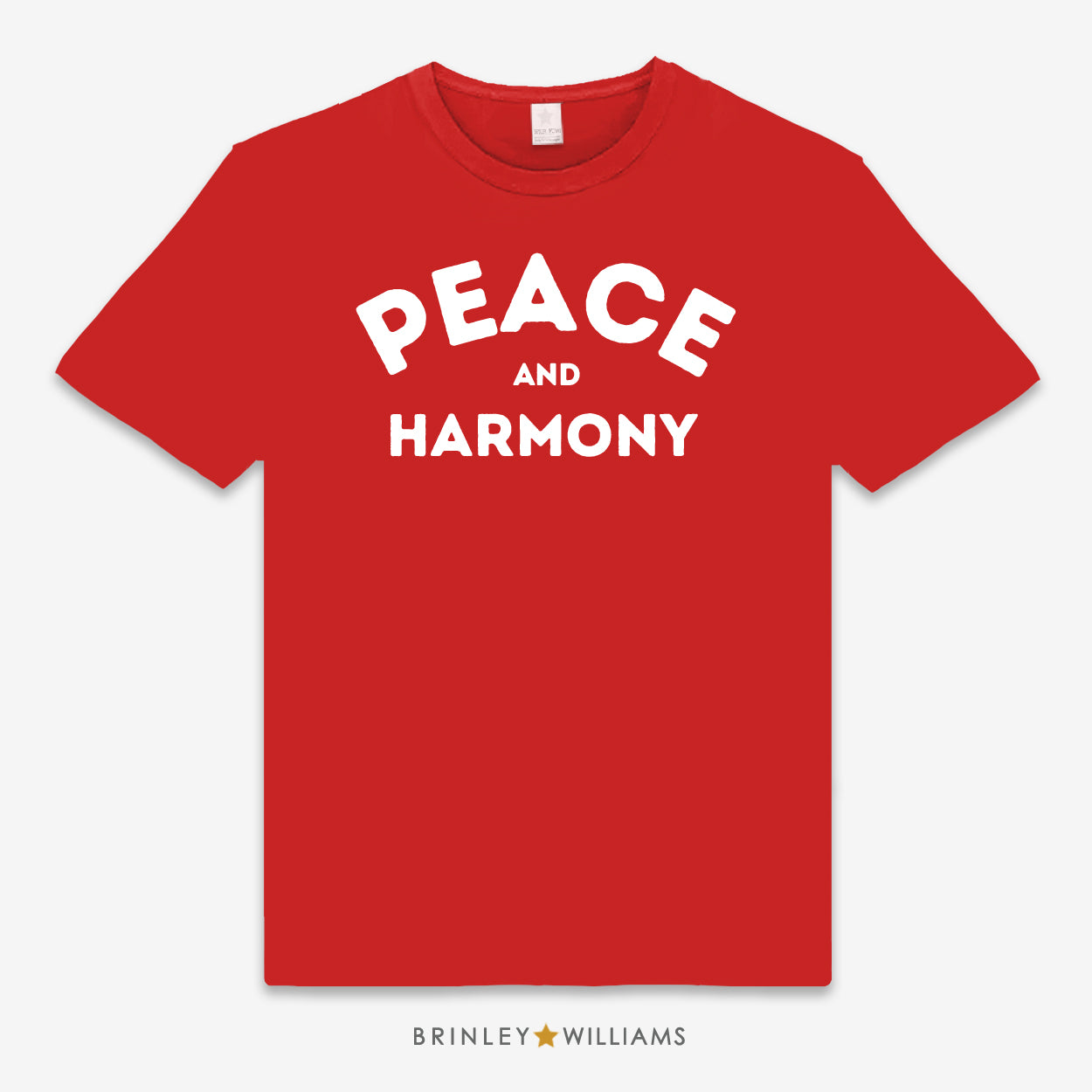 Red unisex  t-shirt printed with 'PEACE AND HARMONY' text design in white