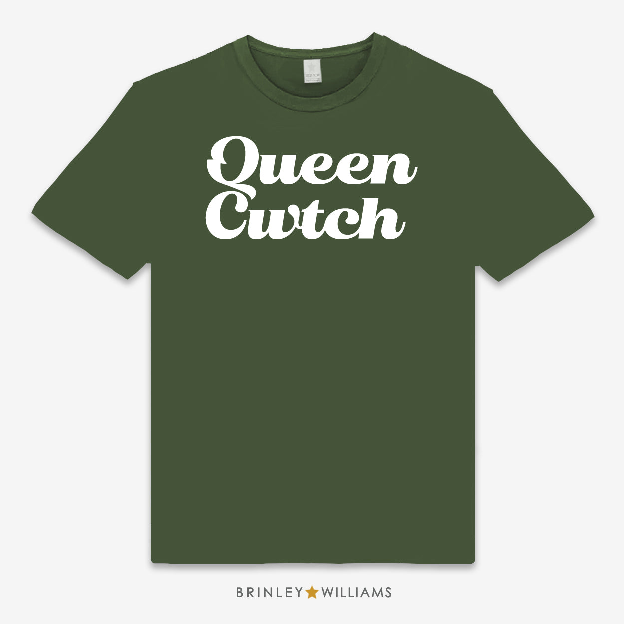 Green unisex t-shirt printed with 'Queen Cwtch' text design