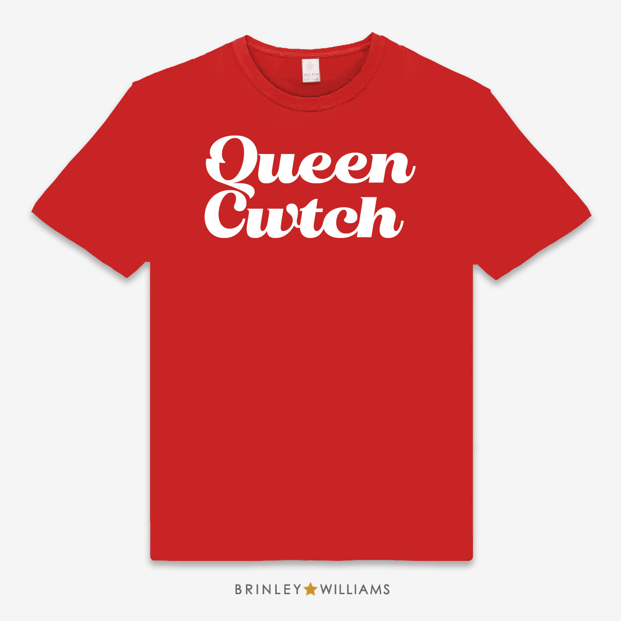 Red unisex t-shirt printed with 'Queen Cwtch' text design