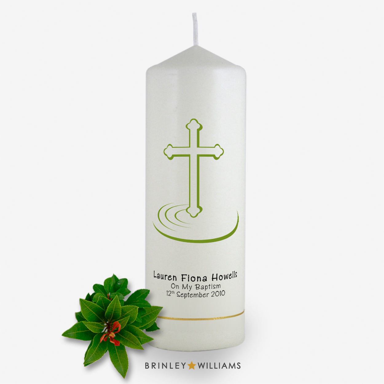 Ripple Cross Baptism Personalised  Candle - Emerald