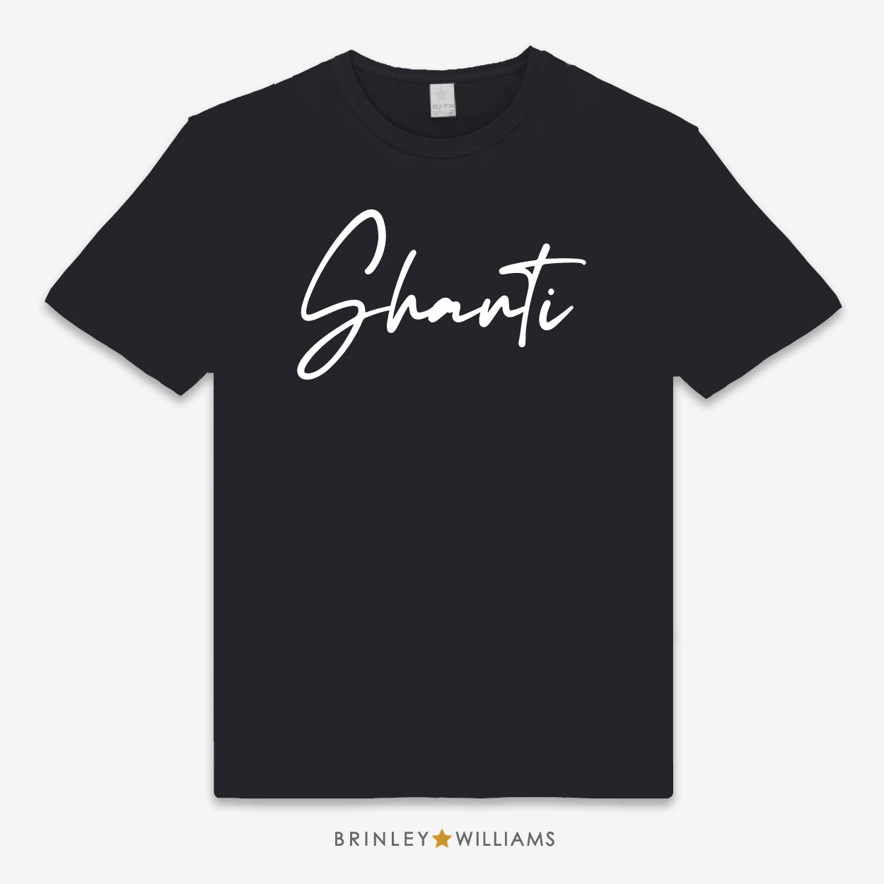 Black unisex t-shirt with 'Shanti' printed in white 