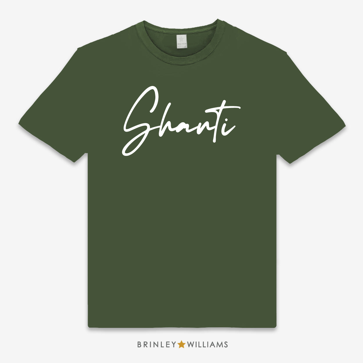 Green unisex t-shirt with 'Shanti' printed in white 