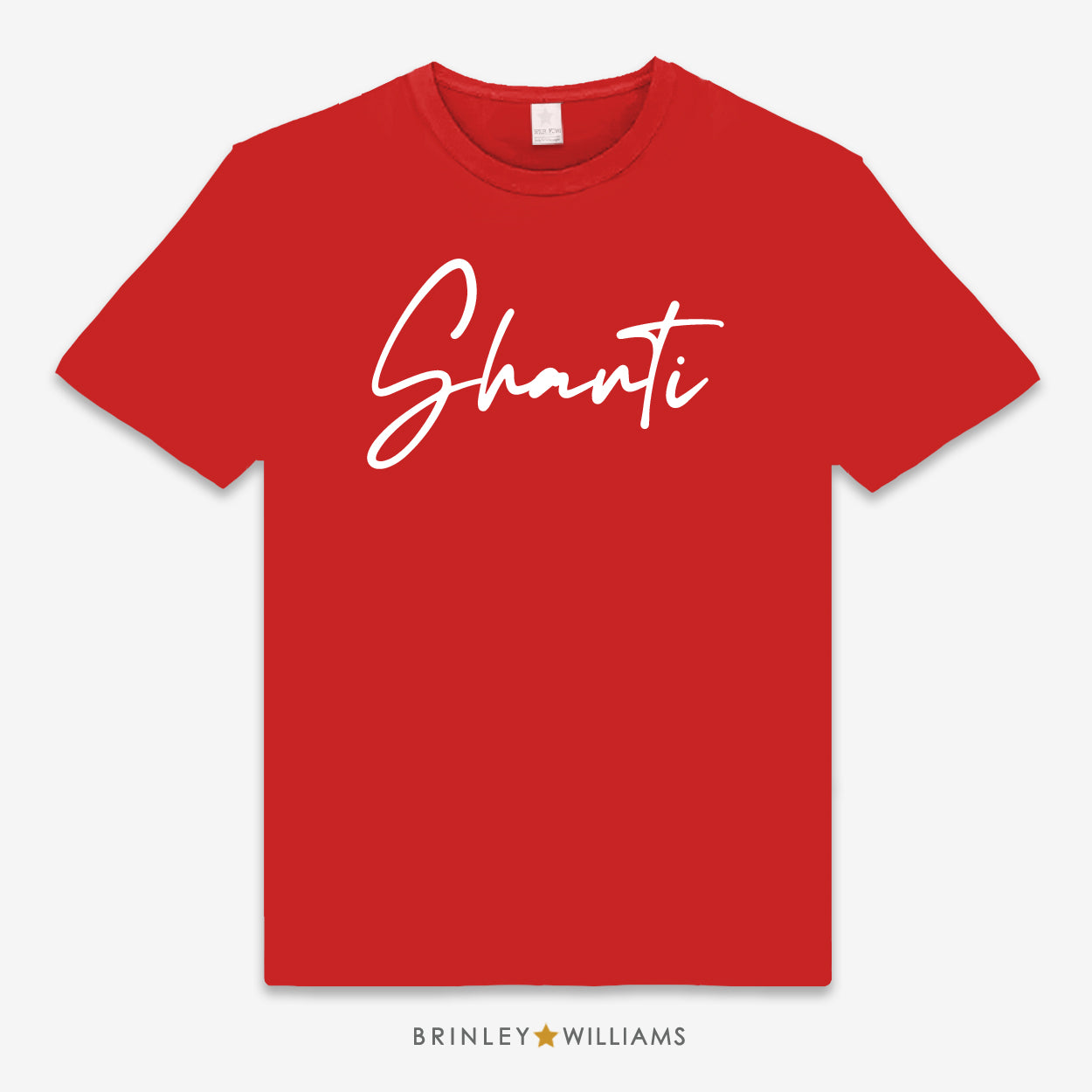 Red unisex t-shirt with 'Shanti' printed in white 
