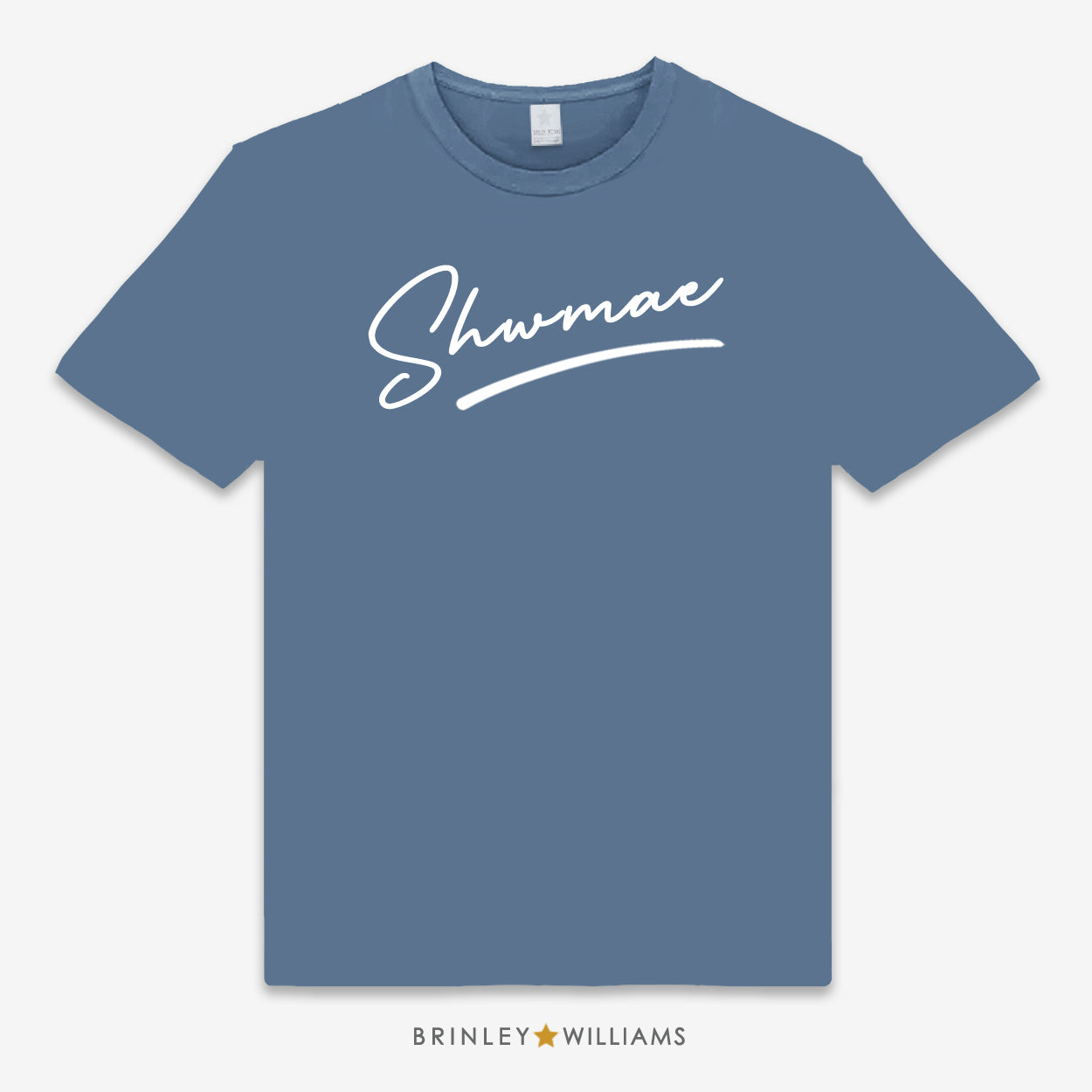 Blue unisex t-shirt printed with 'Shwmae' in white text 