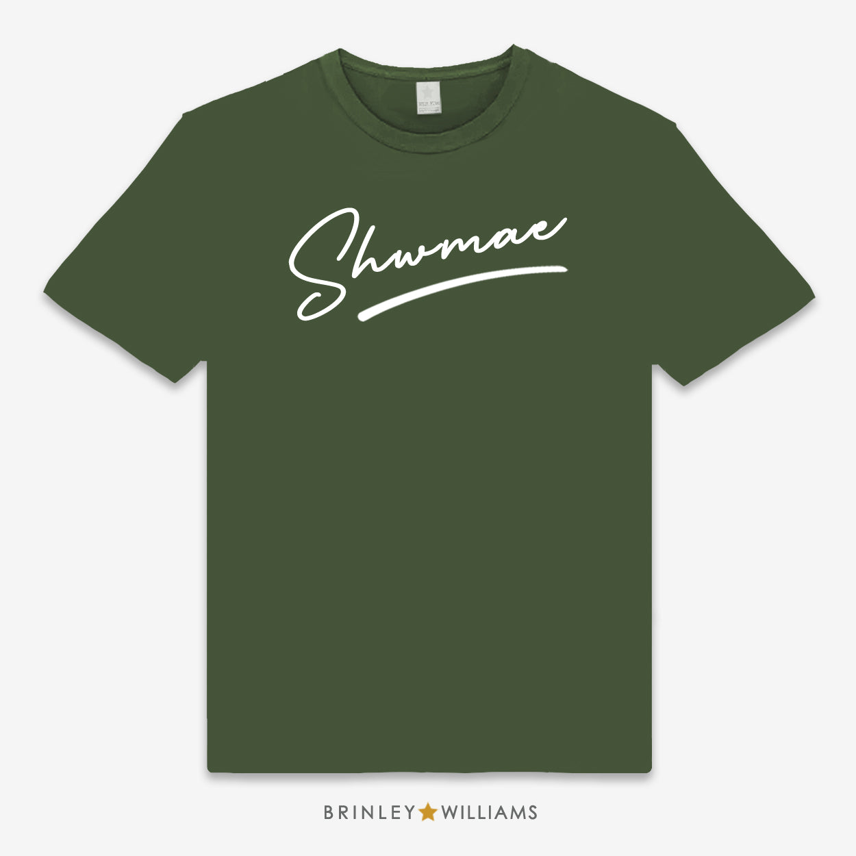 Green unisex t-shirt printed with 'Shwmae' in white text 