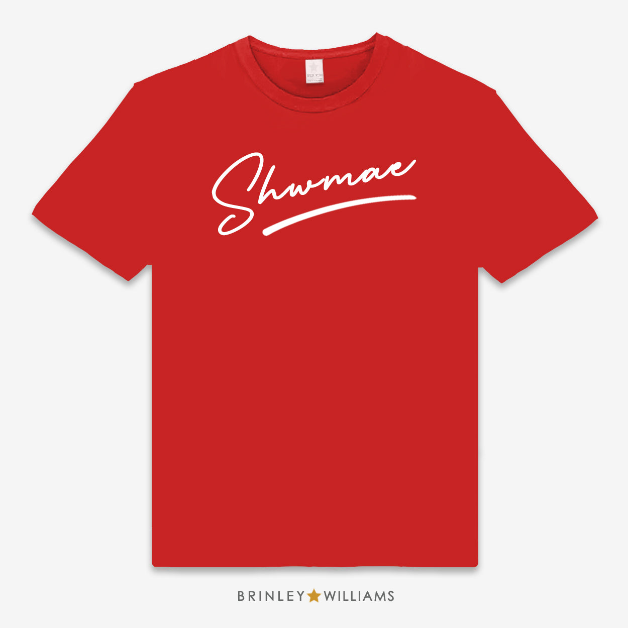 Red unisex t-shirt printed with 'Shwmae' in white text 