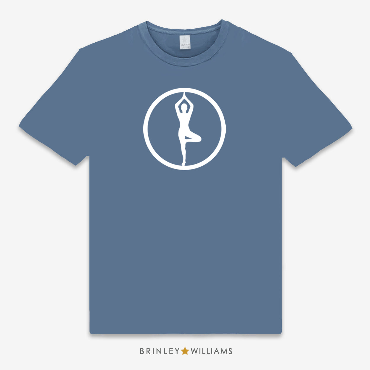 Blue unisex t-shirt with a white yoga pose logo printed on the front