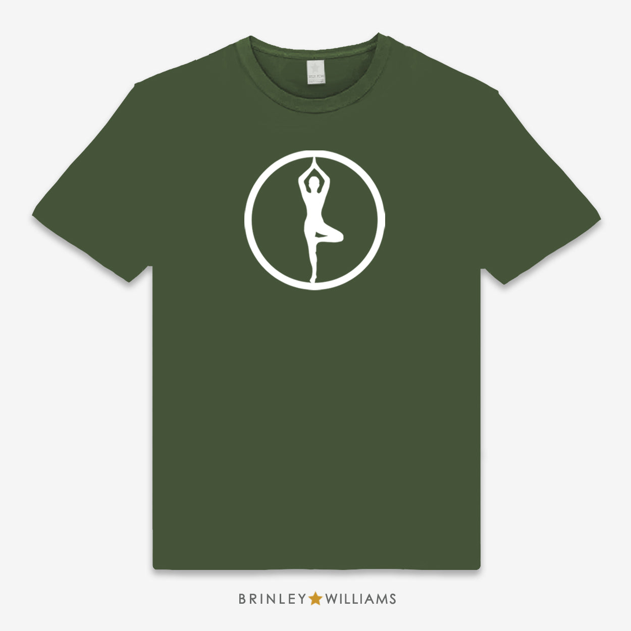 Green unisex t-shirt with a white yoga pose logo printed on the front