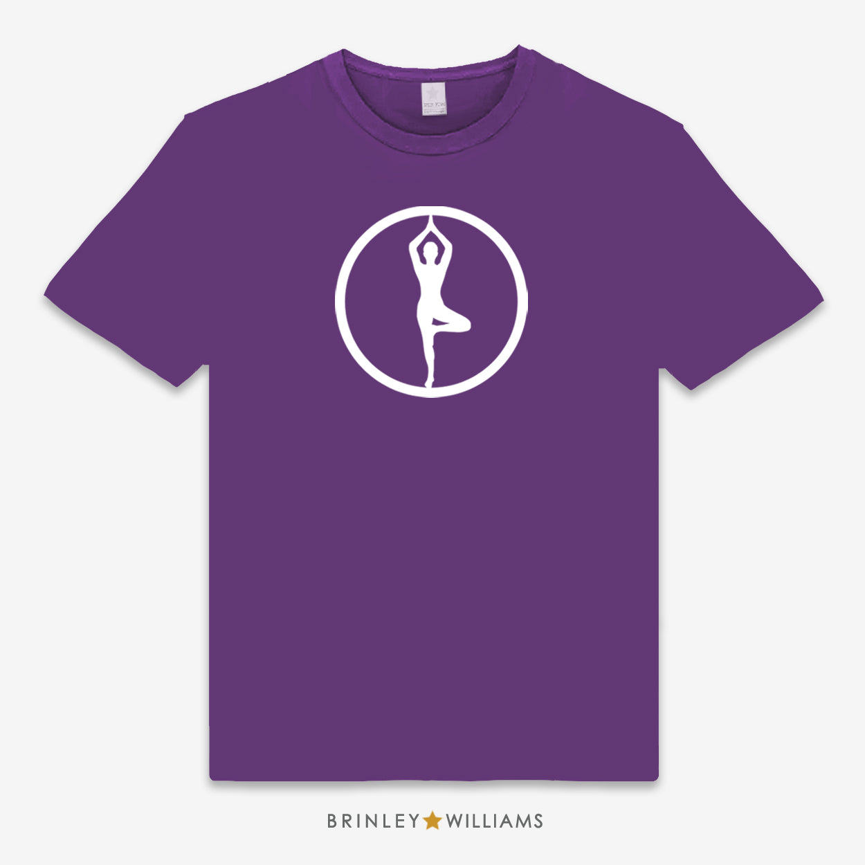 Purple unisex t-shirt with a white yoga pose logo printed on the front