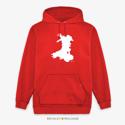 Wales Map Personalised Pin Location Unisex Hoodie - Fire Red