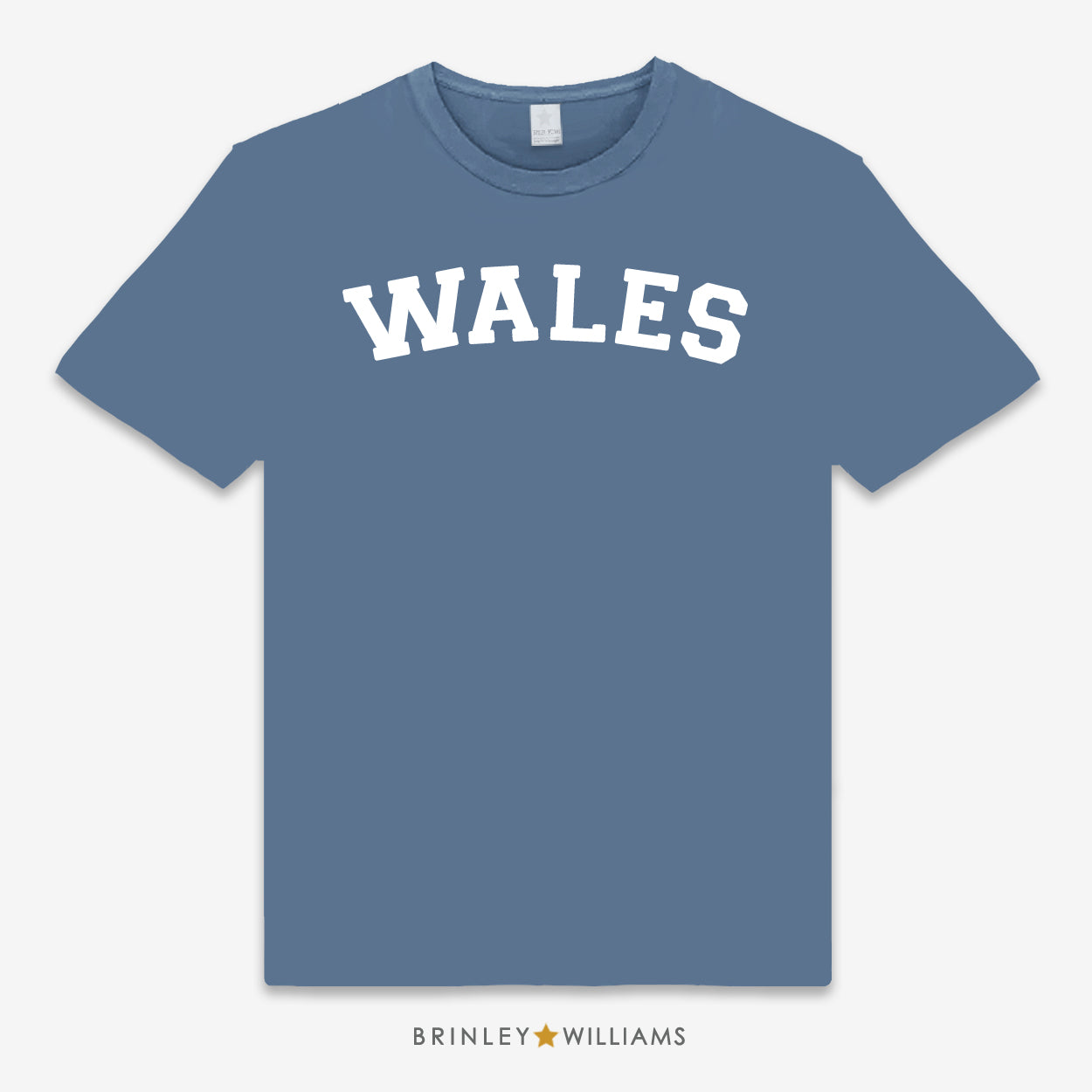 Blue unisex t-shirt with 'WALES' design in white printed on it 