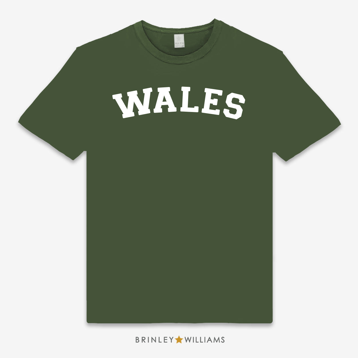 Green unisex t-shirt with 'WALES' design in white printed on it 